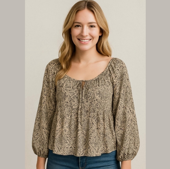 Promesa Tops - Promesa Medium Patterned Long Sleeve Top Sz M Tie Detail V Neckline Blouse